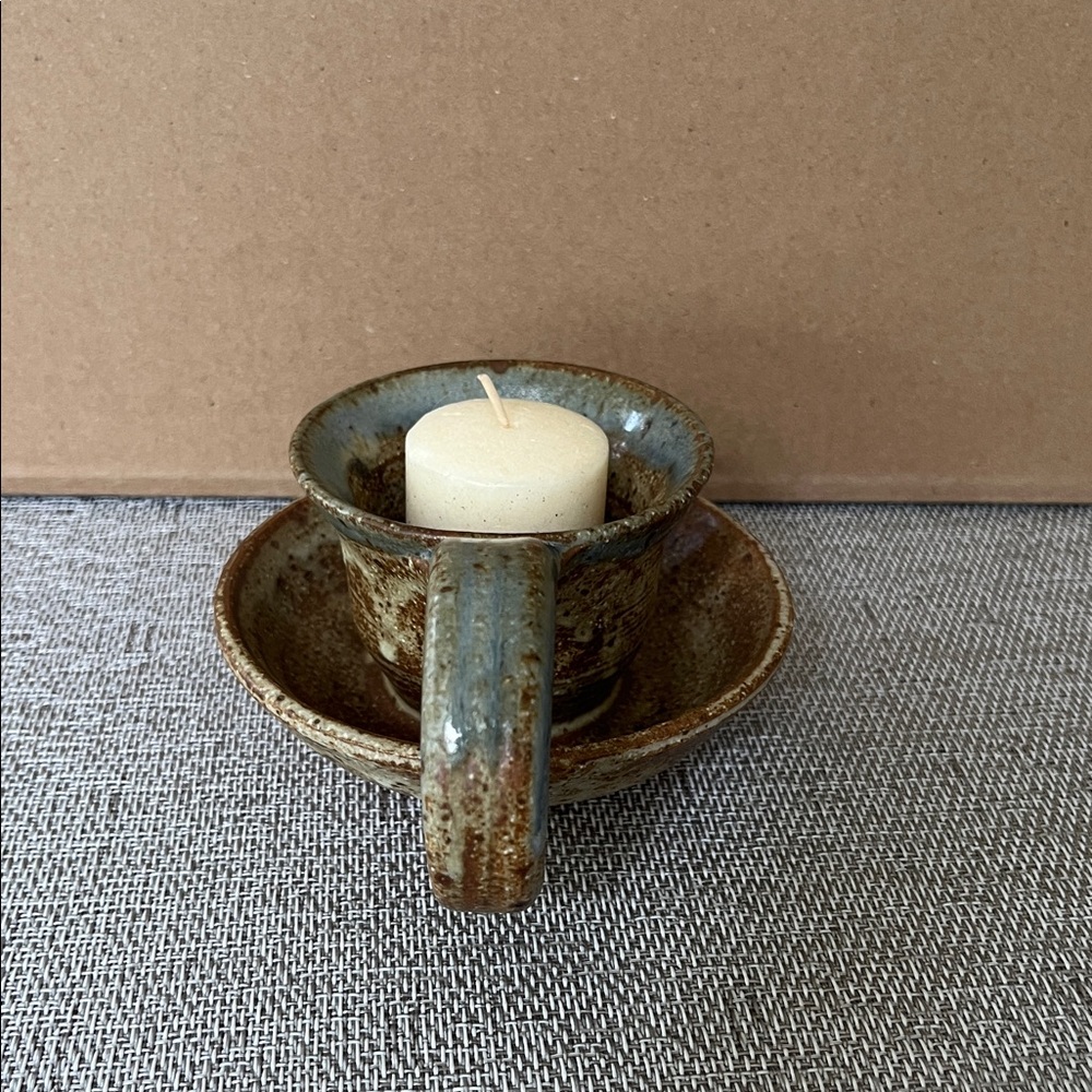 Ceramic Handthrown Signed Studio Pottery Candle Holder attached Saucer signed - Picture 6 of 7
